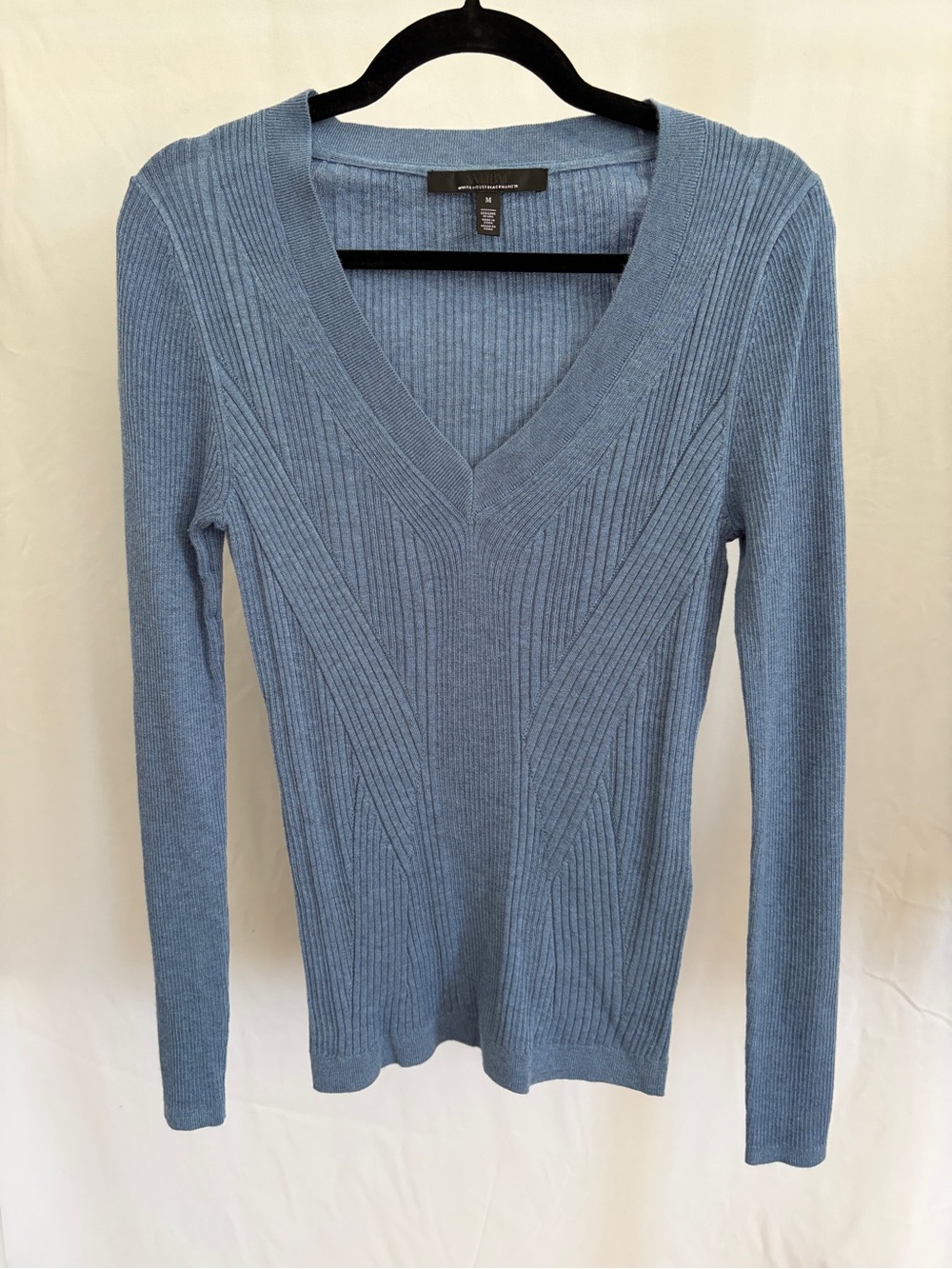 White House Black Market Dusty Blue Ribbed V-Neck Sweater